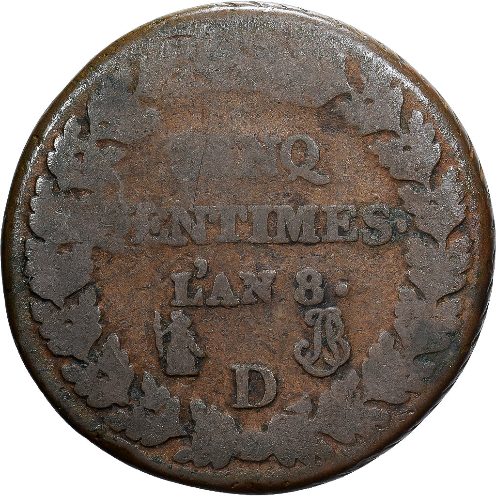 France, 5 Centimes, Dupré, AN 8, Lyon, Cuivre, B+, Gadoury:126a
