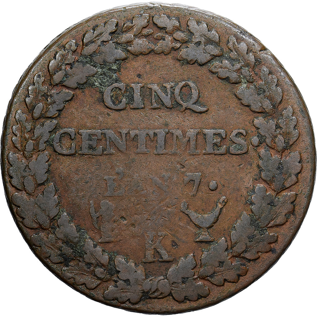 France, 5 Centimes, Dupré, AN 7, Bordeaux, Cuivre, TB, Gadoury:126