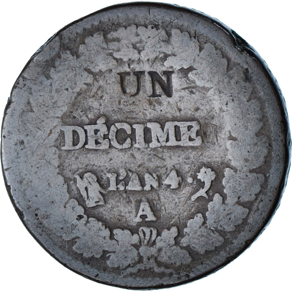 France, 1 Décime, Dupré, AN 4, Paris, Modification du 2 décimes, Cuivre, B+