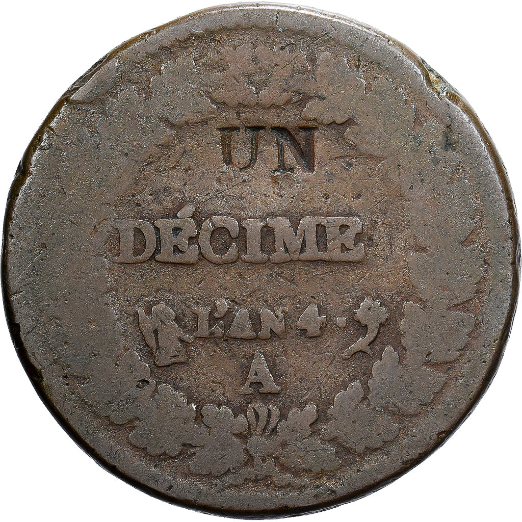 France, 1 Décime, Dupré, AN 4, Paris, Modification du 2 décimes, Copper