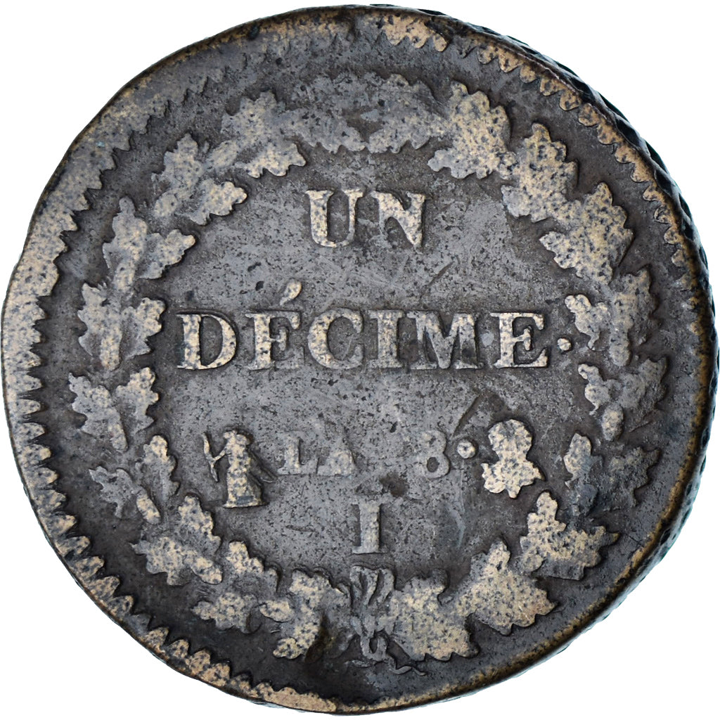 France, 1 Décime, Dupré, AN 8, Limoges, Cuivre, TB, Gadoury:187a