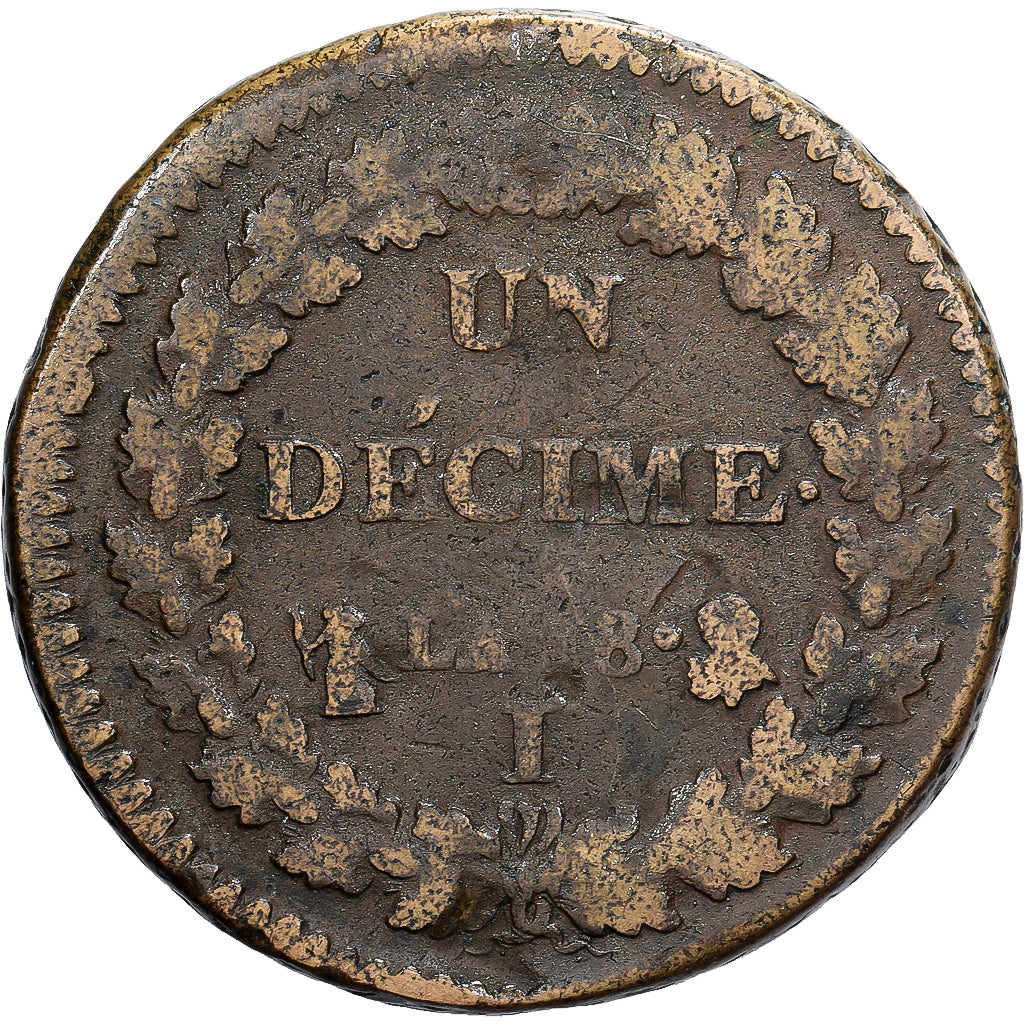 Francia, 1 Décime, Dupré, AN 8, Limoges, Cobre, BC+, Gadoury:187a