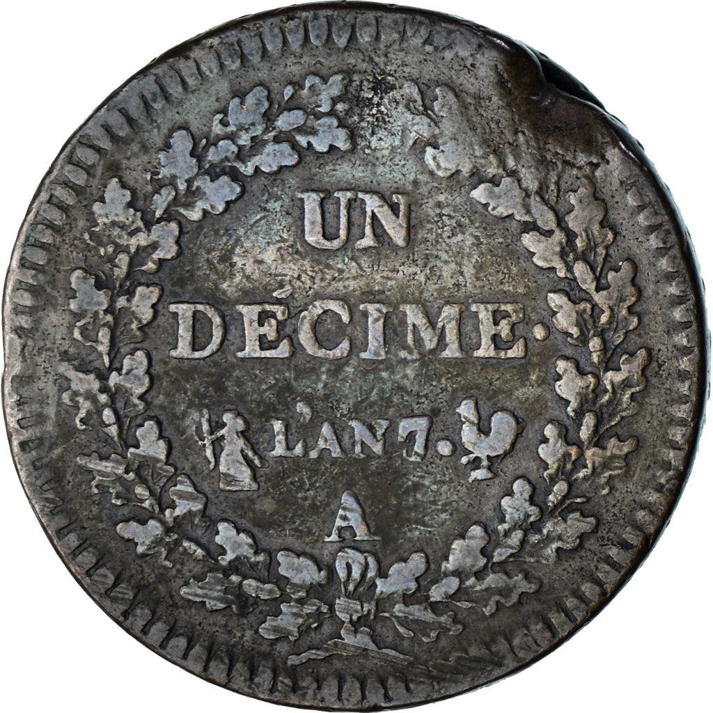 Francia, 1 Décime, Dupré, AN 7/5, Paris, Rame, MB+, Gadoury:187