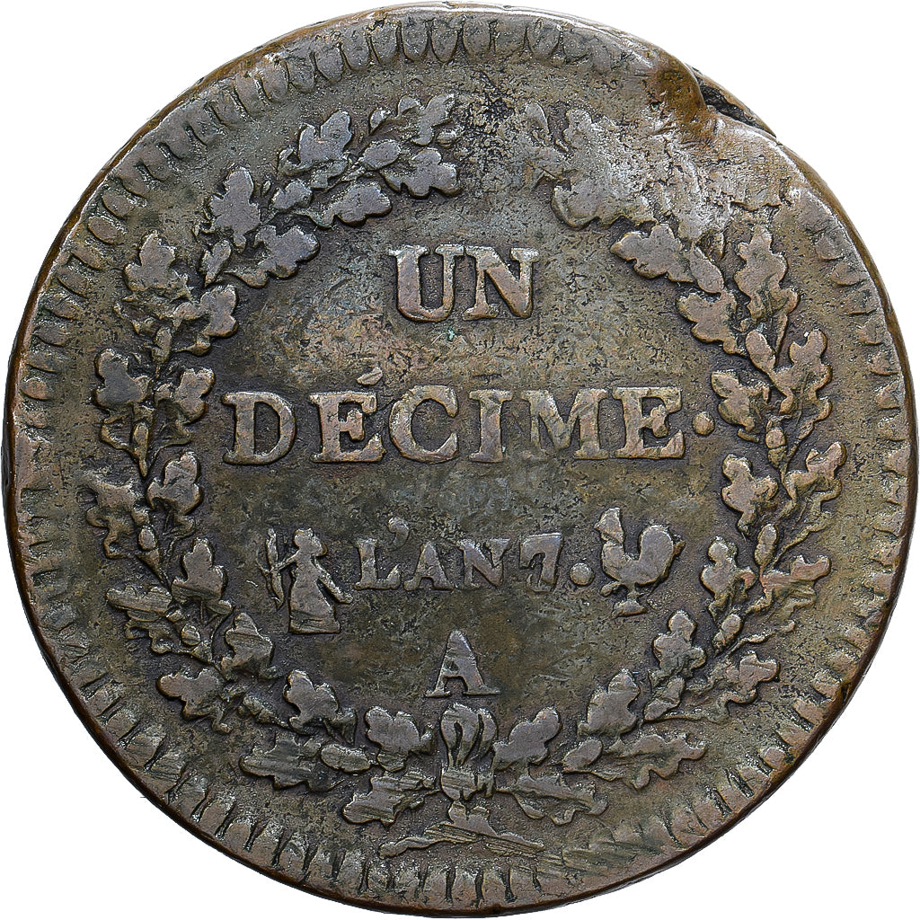 Francia, 1 Décime, Dupré, AN 7/5, Paris, Cobre, BC+, Gadoury:187