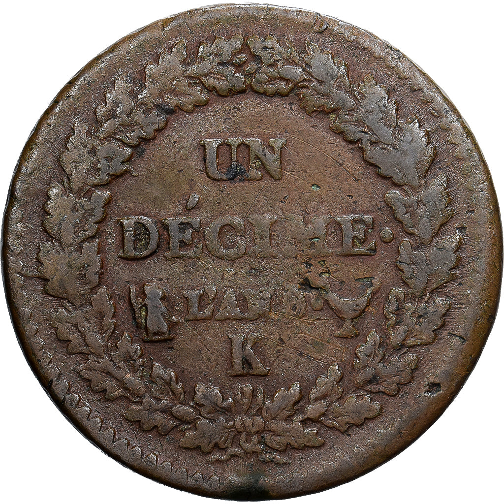 Francia, 1 Décime, Dupré, AN 8, Bordeaux, Cobre, BC+, Gadoury:187a