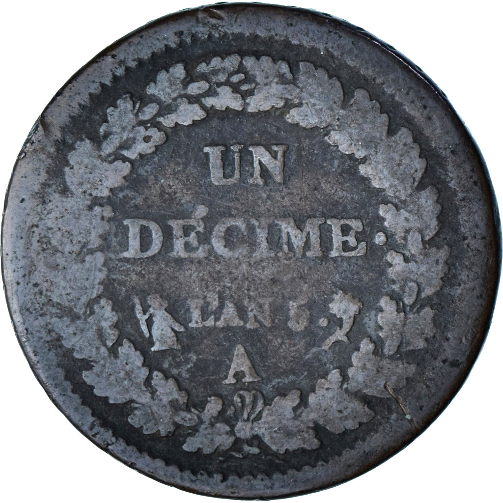 France, 1 Décime, Dupré, AN 5, Paris, Cuivre, B+, Gadoury:187
