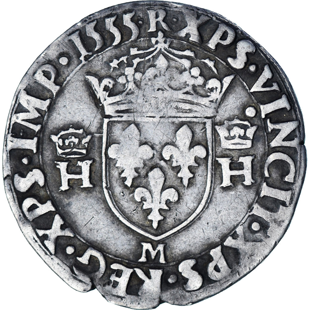 France, Henri II, 1/2 teston à la tête nue, 1555, Toulouse, Argent, TB+