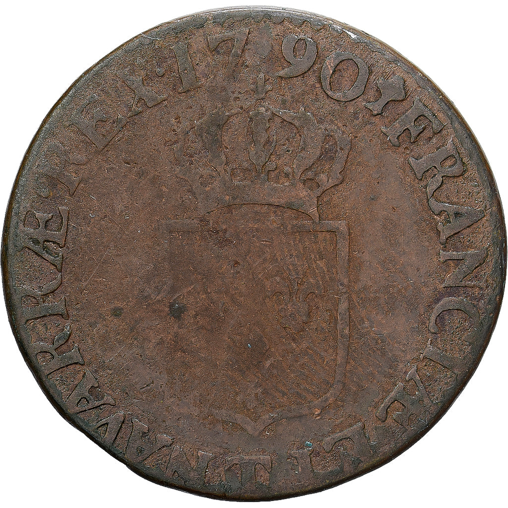 France, Louis XVI, 1/2 Sol, 1790, Nantes, Copper, VF(20-25), Gadoury:349