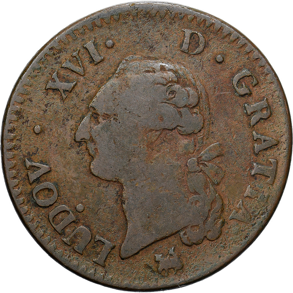 France, Louis XVI, Sol, 1791, Rouen, 2nd semestre, Copper, VF(30-35)