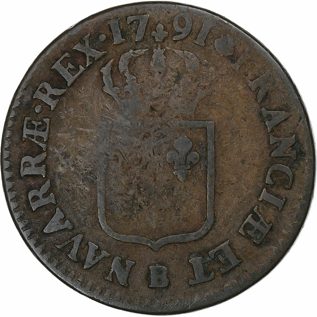 Francia, Louis XVI, Sol, 1791, Rouen, 2nd semestre, Rame, MB+, Gadoury:350