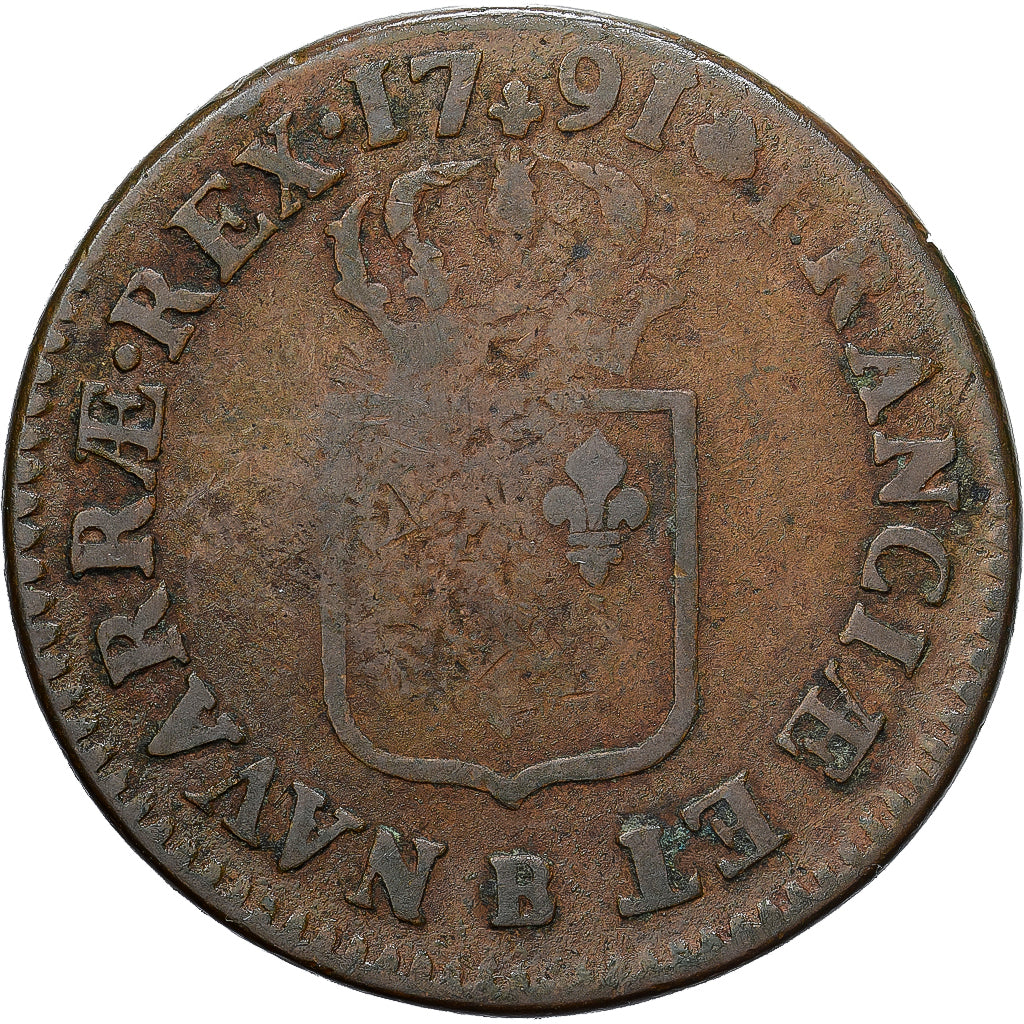 France, Louis XVI, Sol, 1791, Rouen, 2nd semestre, Copper, VF(30-35)