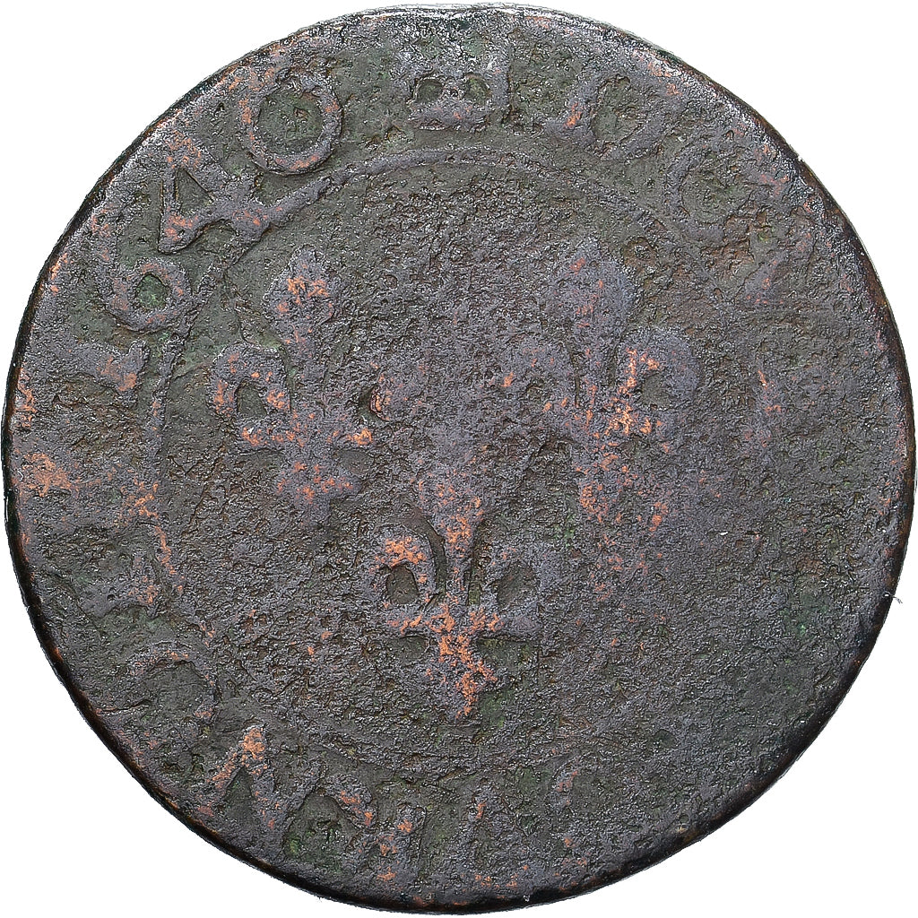 France, Louis XIII, Double Tournois, 1640, Atelier incertain, Cuivre, B+