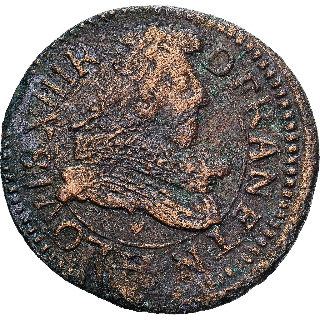 France, Louis XIII, Double Tournois, 1632, La Rochelle, Cuivre, TTB, CGKL:304
