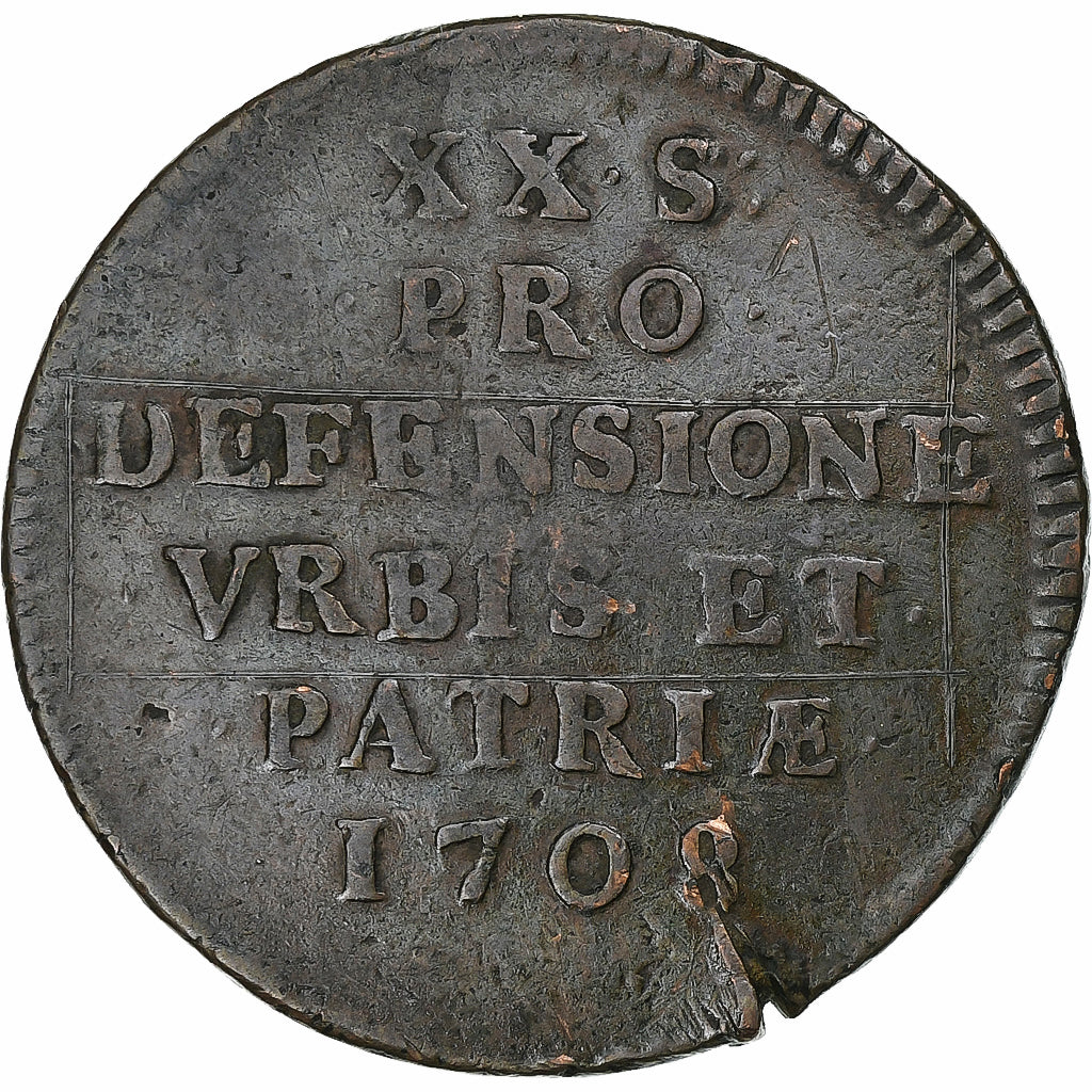 France, 20 Sols, Siège de Lille, 1708, Lille, Copper, EF(40-45)
