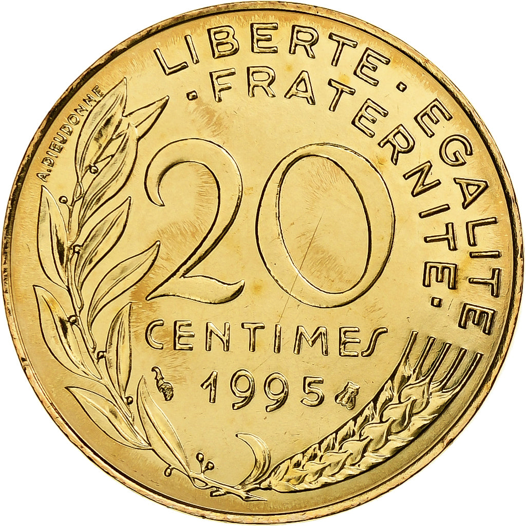 Francja, 20 Centimes, Marianne, 1995, MDP, Série BU, Aluminium-Brąz