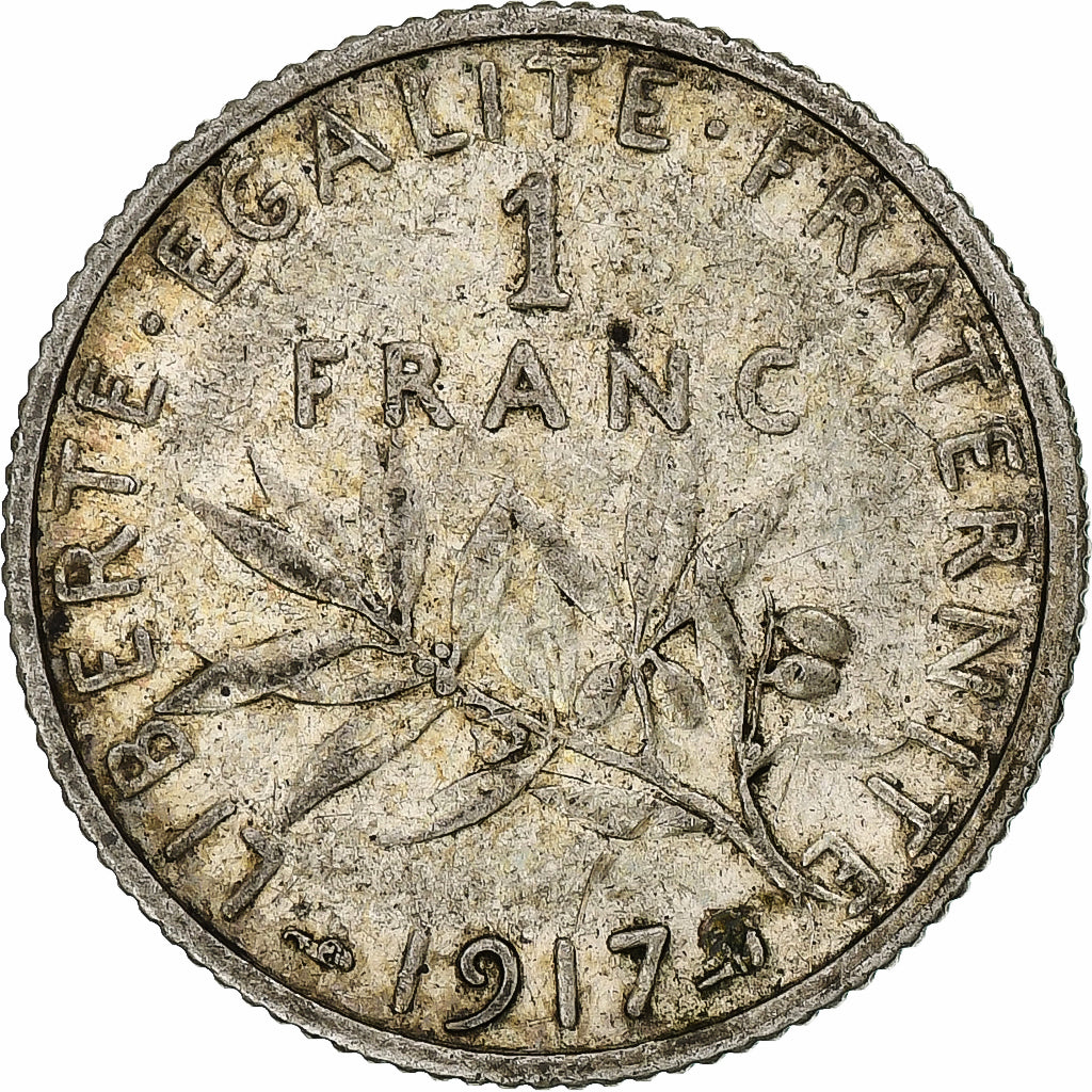Francia, 1 Franc, Semeuse, 1917, Paris, Plata, MBC+, Gadoury:467