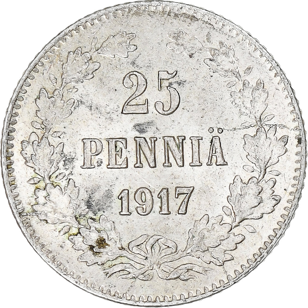 Finland, Nicholas II, 25 Penniä, 1917, Helsinki, Civil War, Zilver, PR, KM:19