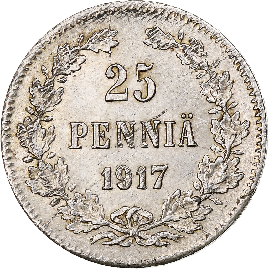 Finlandia, Nicholas II, 25 Penniä, 1917, Helsinki, Civil War, Argento, SPL-