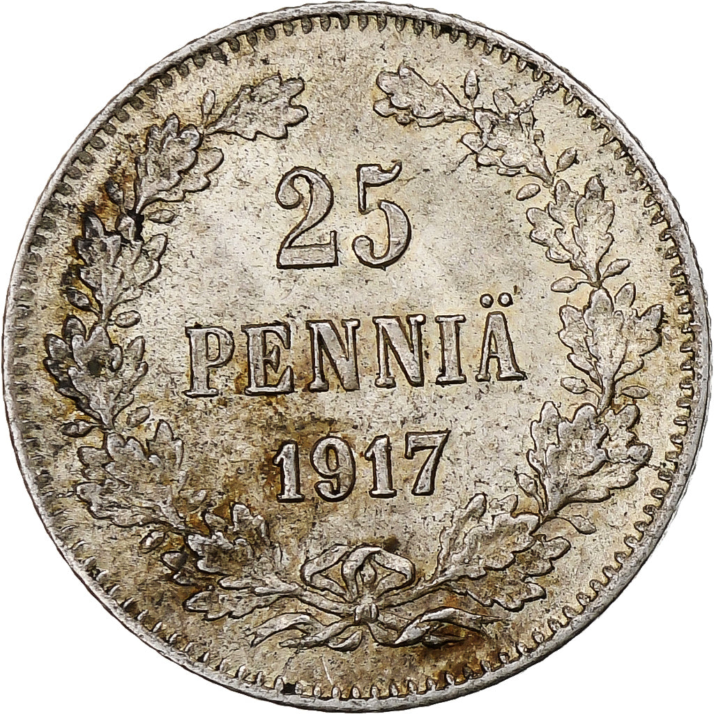 Finland, Nicholas II, 25 Penniä, 1917, Helsinki, Civil War, Zilver, PR, KM:19