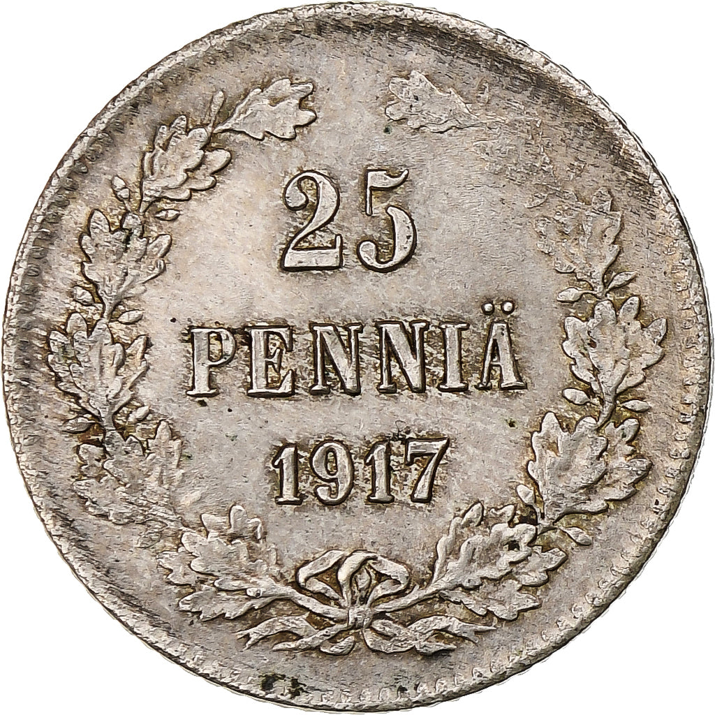 Finland, Nicholas II, 25 Penniä, 1917, Helsinki, Civil War, Zilver, PR, KM:19