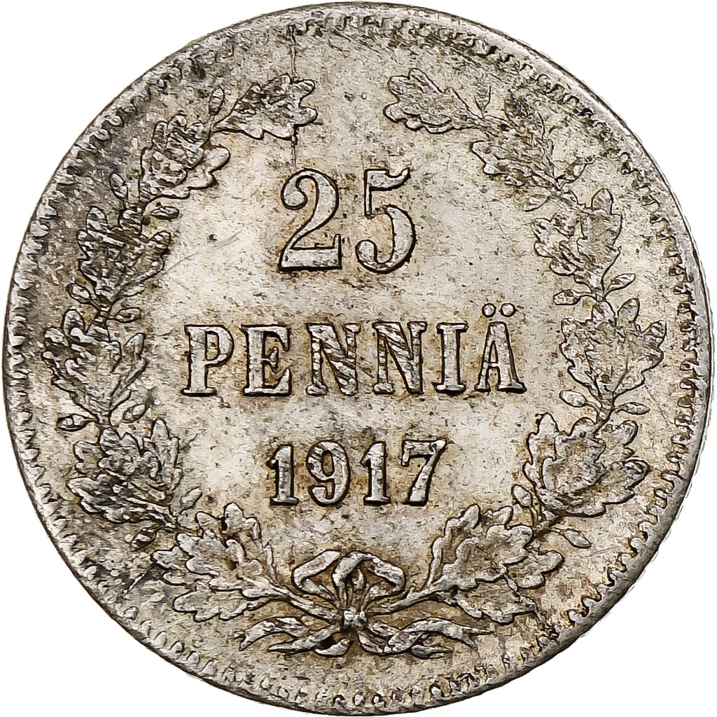 Finlandia, Nicholas II, 25 Penniä, 1917, Helsinki, Civil War, Argento, SPL-