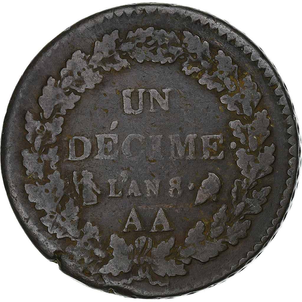France, 1 Décime, Dupré, AN 8, Metz, Cuivre, TB, Gadoury:187a