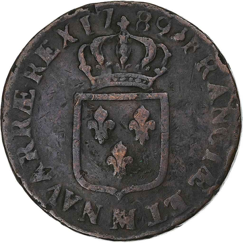 Francia, Louis XVI, Sol, 1789, Marseille, Cobre, BC+, Gadoury:350