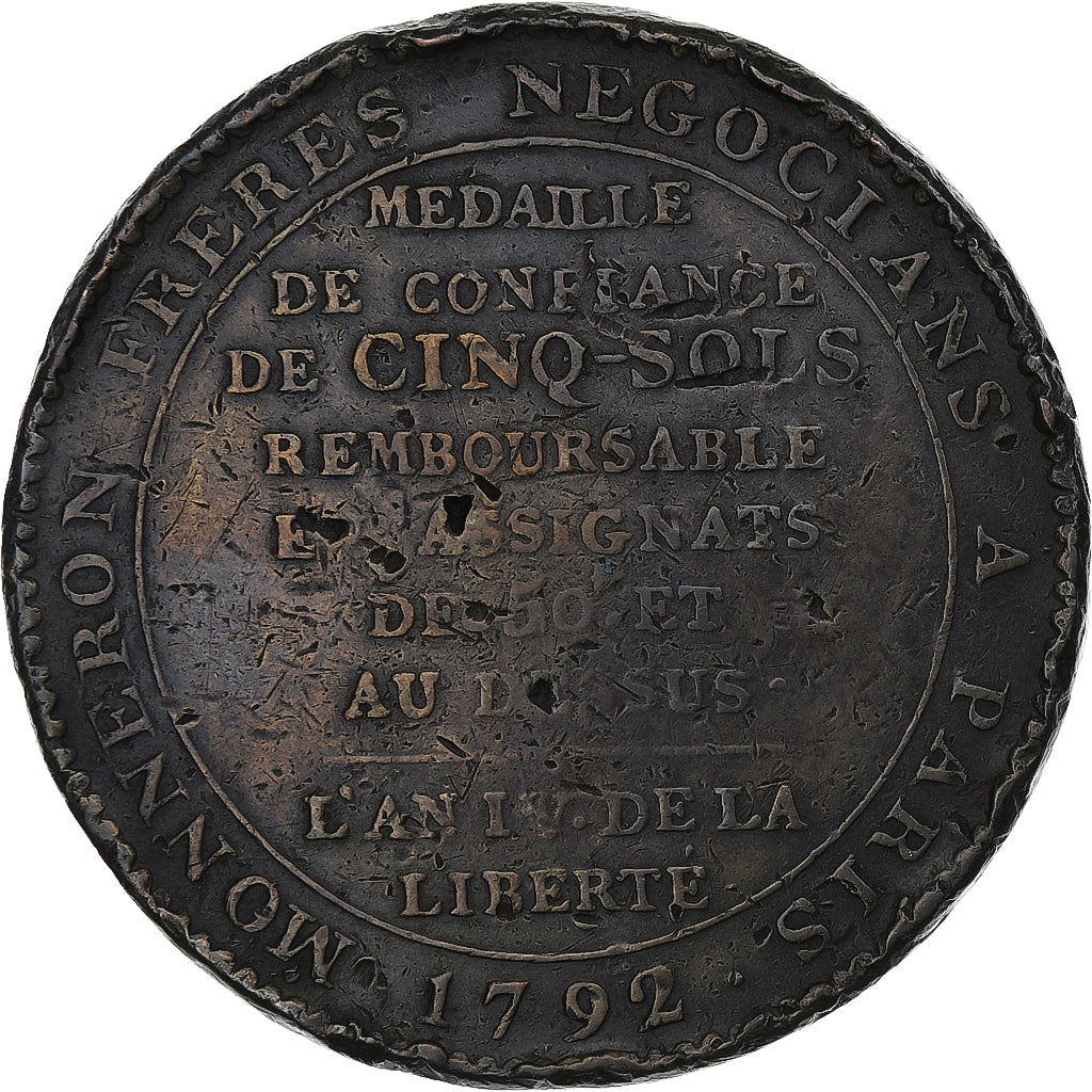 France, Monneron de 5 Sols, Au serment, 1792, Birmingham, Copper, VF(30-35)
