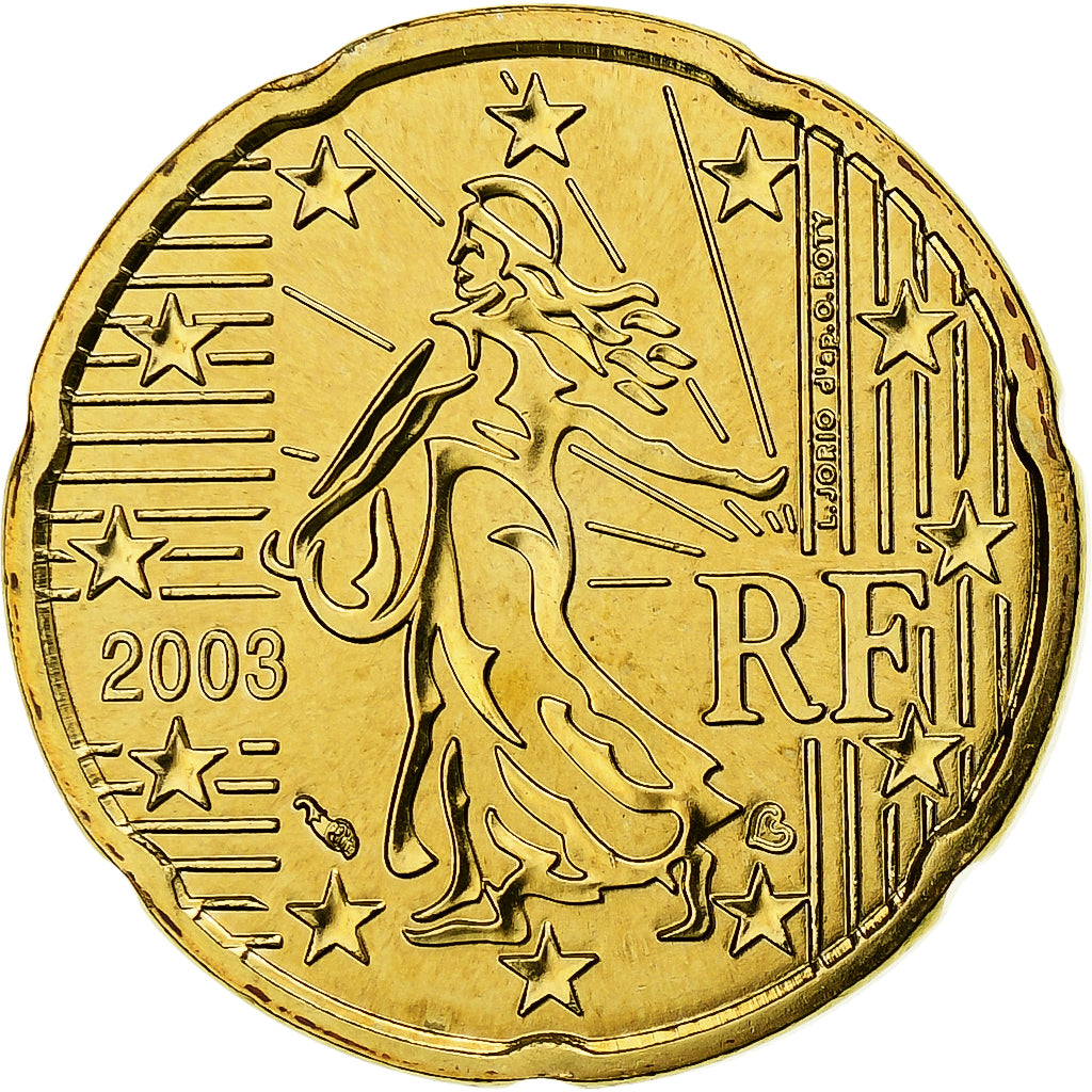 Francja, 20 Euro Cent, 2003, MDP, BU, MS(64), Nordic gold, KM:1286