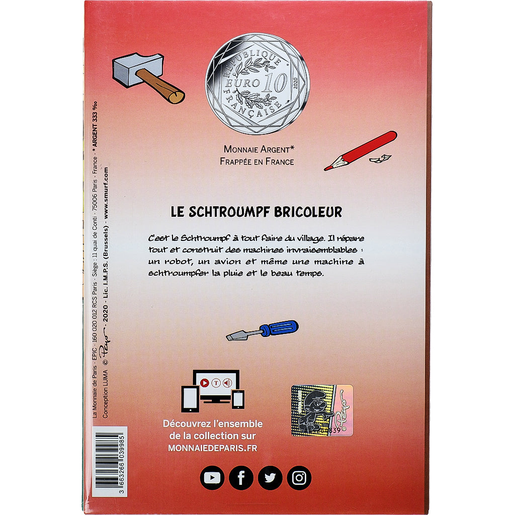 Francia, 10 Euro, Le Schtroumpf Bricoleur (17/20), 2020, MDP, FDC, Argento