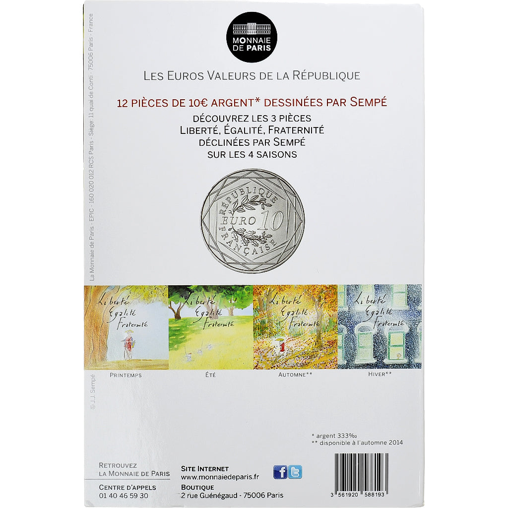Francja, 10 Euro, Sempé - Été - Égalité, 2014, MDP, MS(64), Srebro