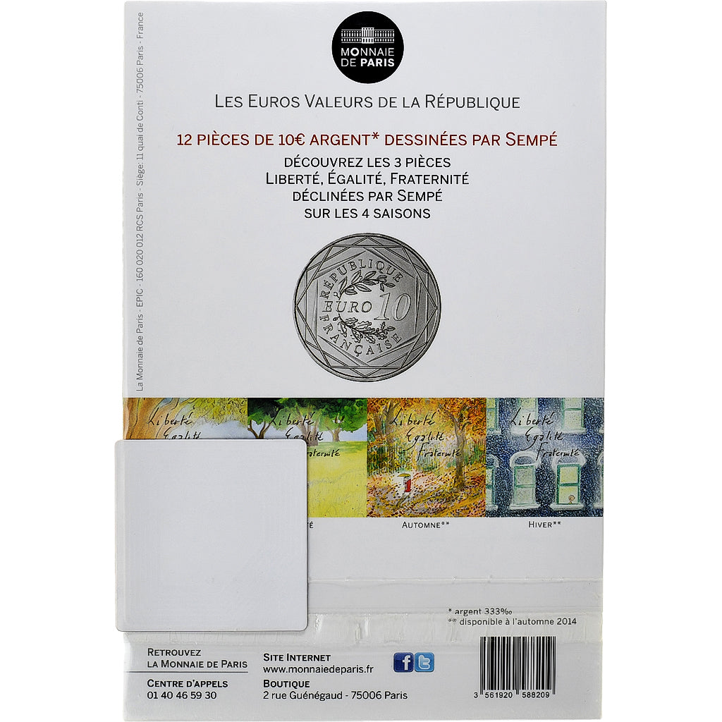 Francja, 10 Euro, Sempé - Hiver - Fraternité, 2014, MDP, MS(65-70), Srebro