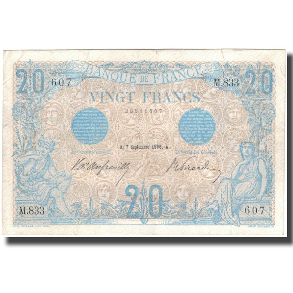 Francja, 20 Francs, Bleu, 1906-09-07, VF(30-35), Fayette:10.1, KM:68a