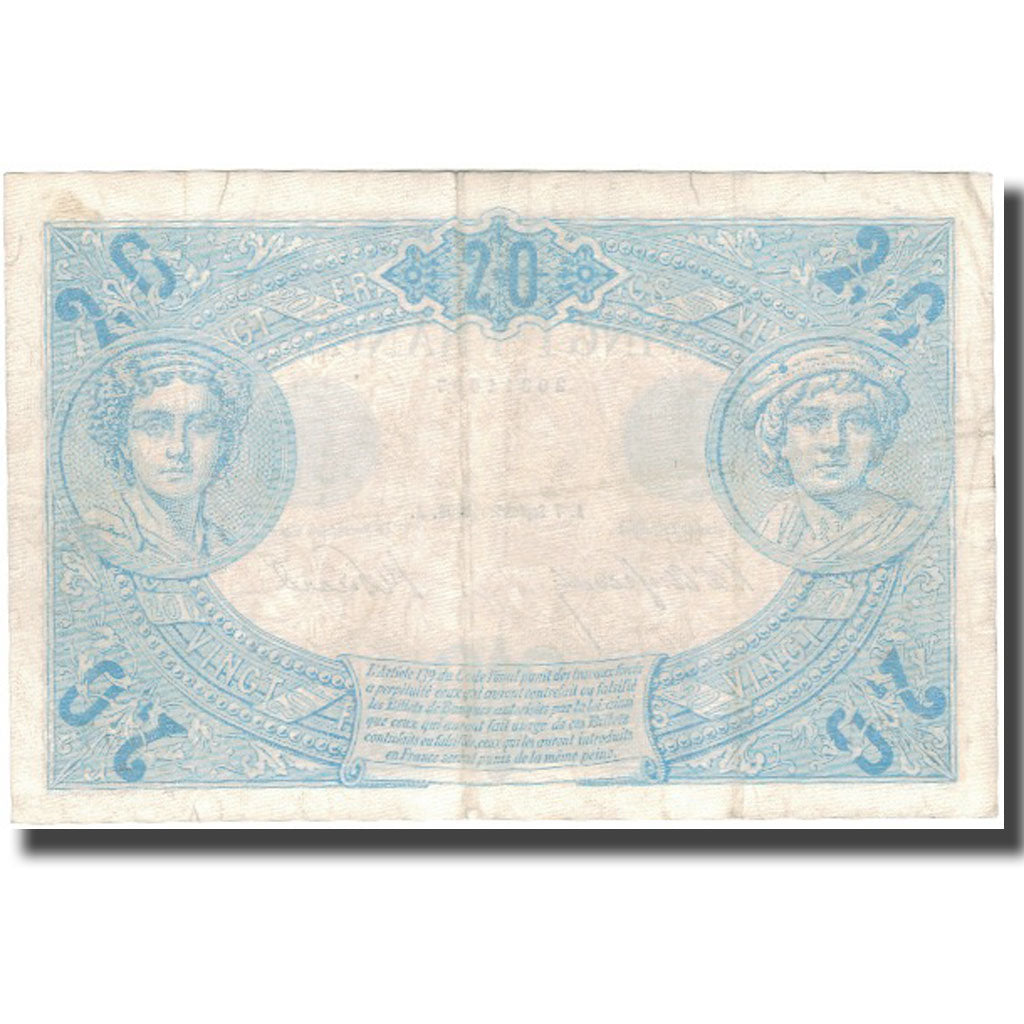 Francja, 20 Francs, Bleu, 1906-09-07, VF(30-35), Fayette:10.1, KM:68a