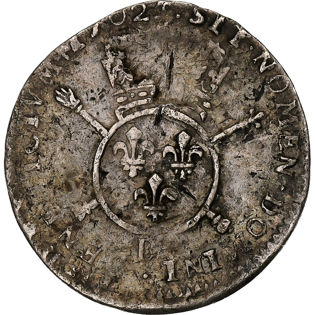 França, Louis XIV, 1/12 Ecu aux insignes, 1702, Lyon, réformé, Prata