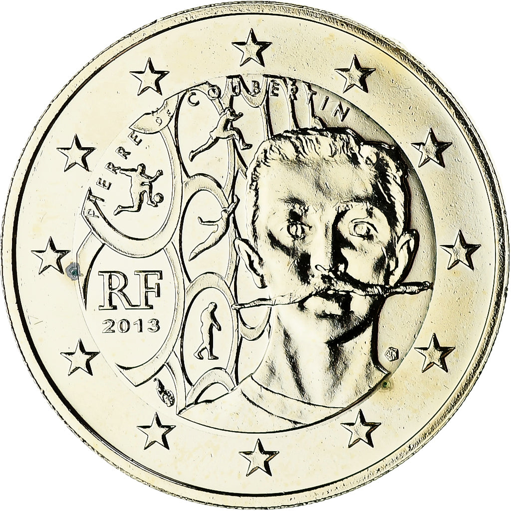 France, 2 Euro, Pierre de Coubertin, BU, 2013, MDP, Bi-Metallic, MS(65-70)
