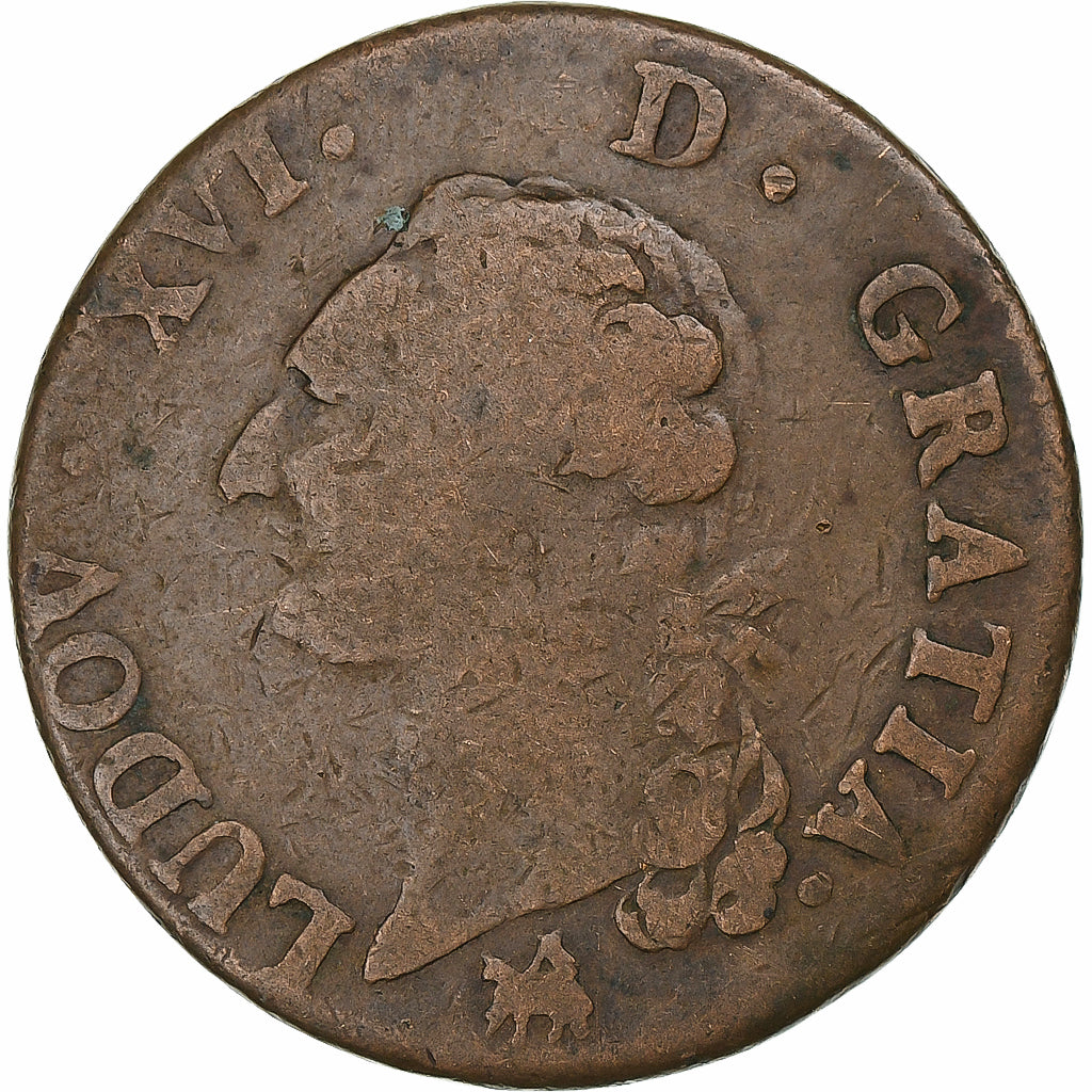 Francia, Louis XVI, Sol, 1791, Rouen, Rame, MB, Gadoury:350