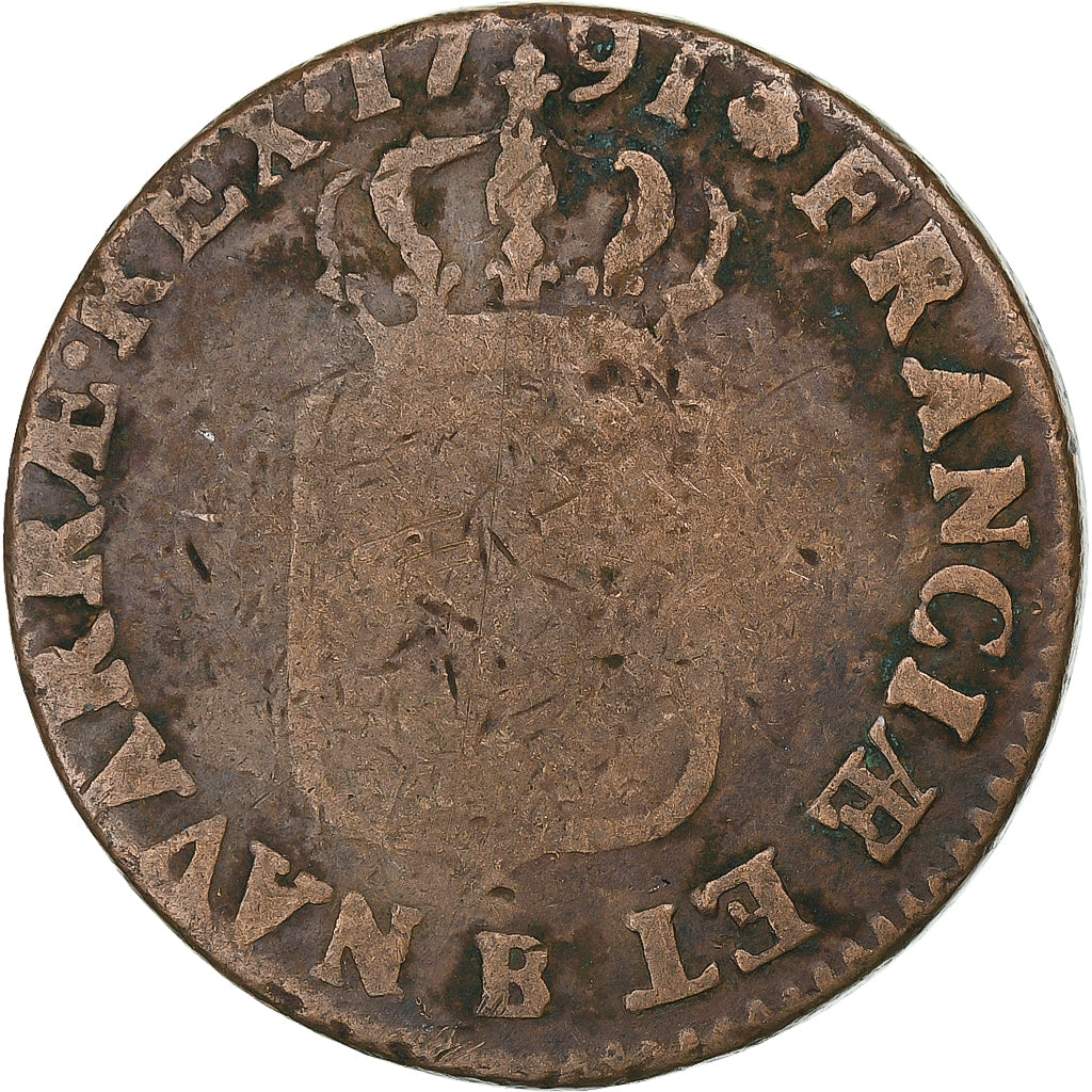 Francia, Louis XVI, Sol, 1791, Rouen, Rame, MB, Gadoury:350