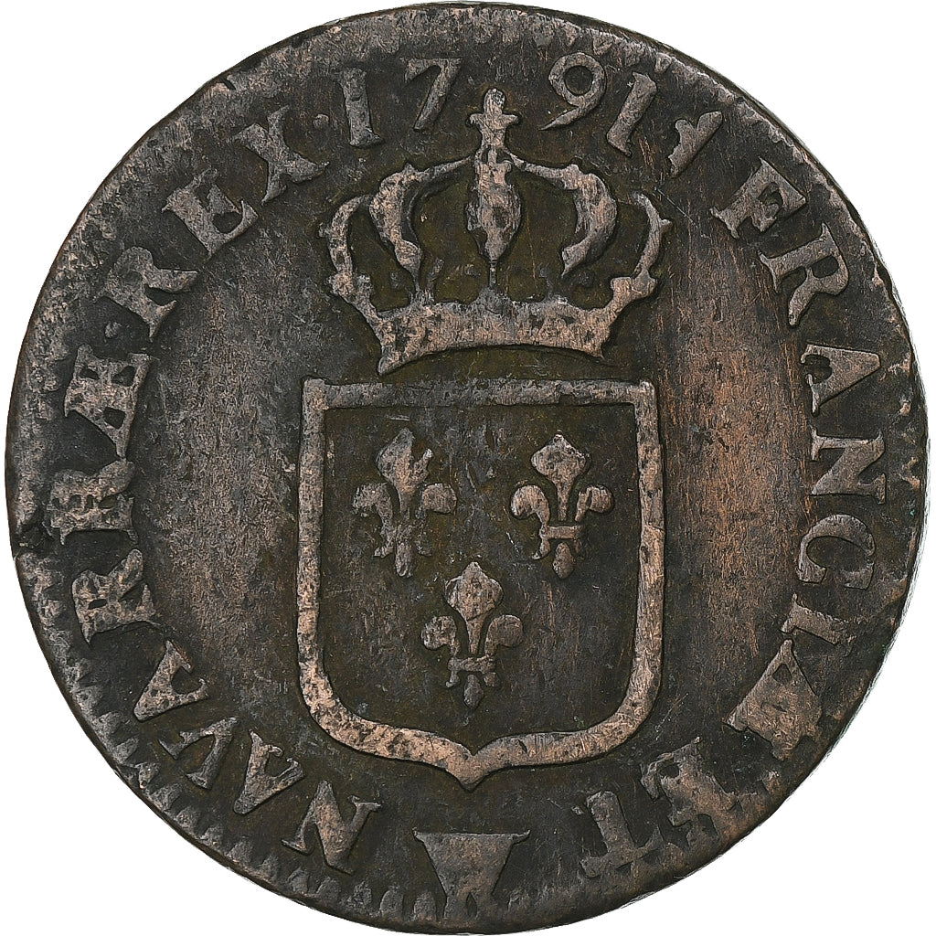 Francia, Louis XVI, Sol, 1791, Lille, Rame, MB+, Gadoury:350