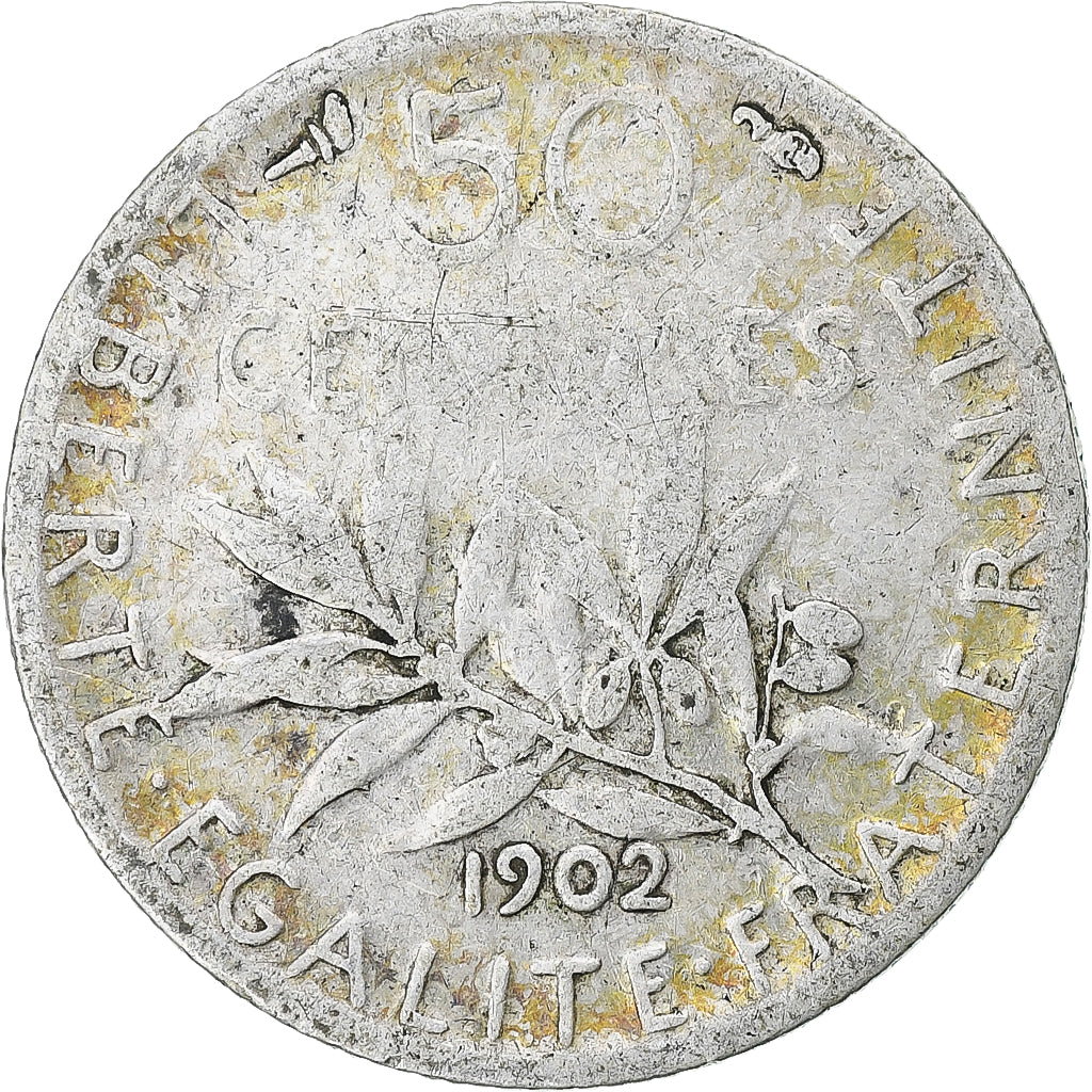 Francia, 50 Centimes, Semeuse, 1902, Paris, Plata, BC+, Gadoury:420