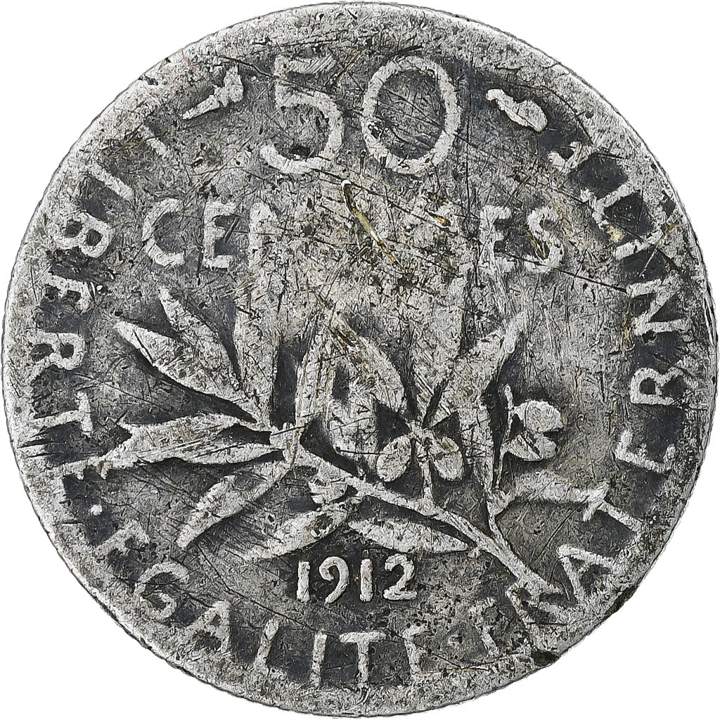Francia, 50 Centimes, Semeuse, 1912, Paris, Plata, BC+, Gadoury:420