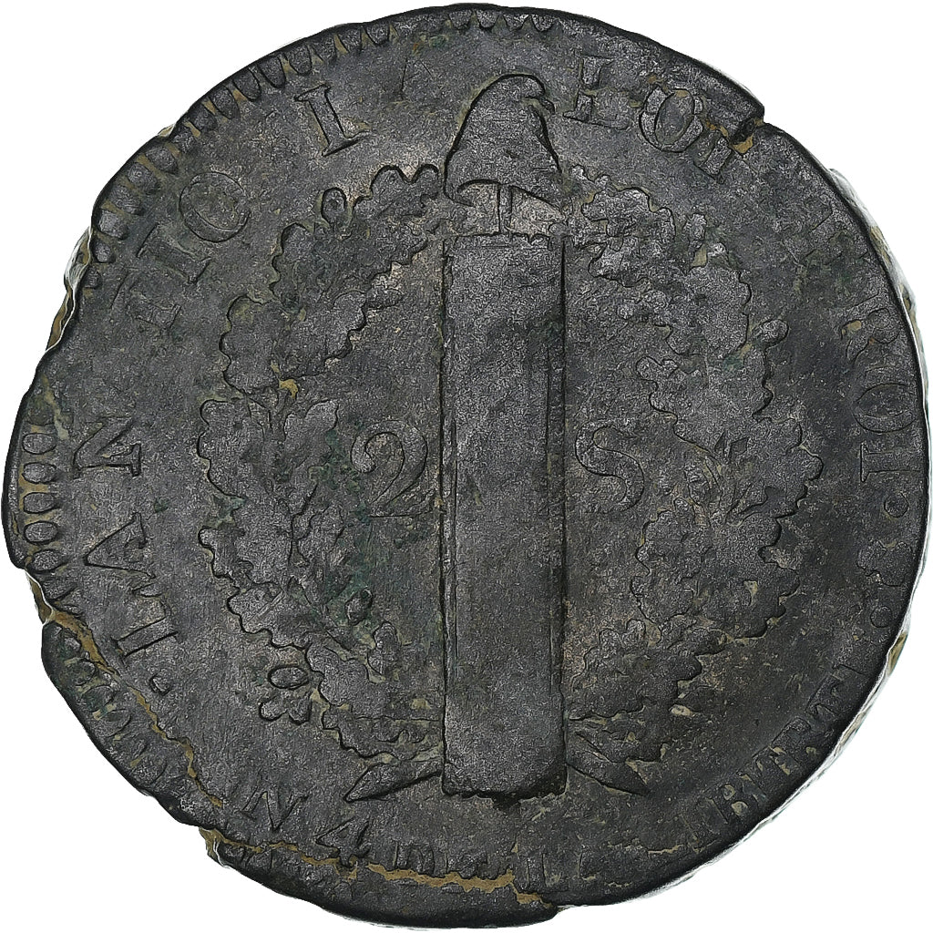 França, Louis XVI, 2 Sols, 1792 / AN 4, Paris, Cobre, VF(20-25)
