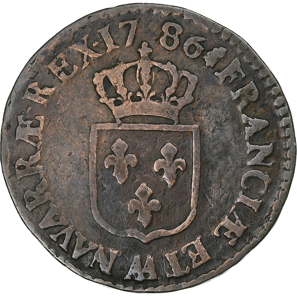 França, Louis XVI, 1/2 Sol, 1786, Metz, Cobre, VF(20-25), Gadoury:349