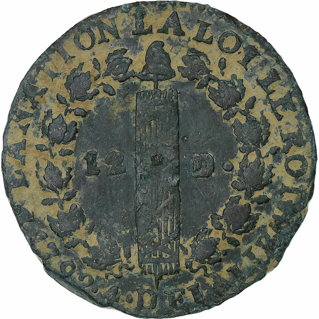 França, Louis XVI, 12 Deniers, 1792 / AN 4, Saumur, Métal de cloche