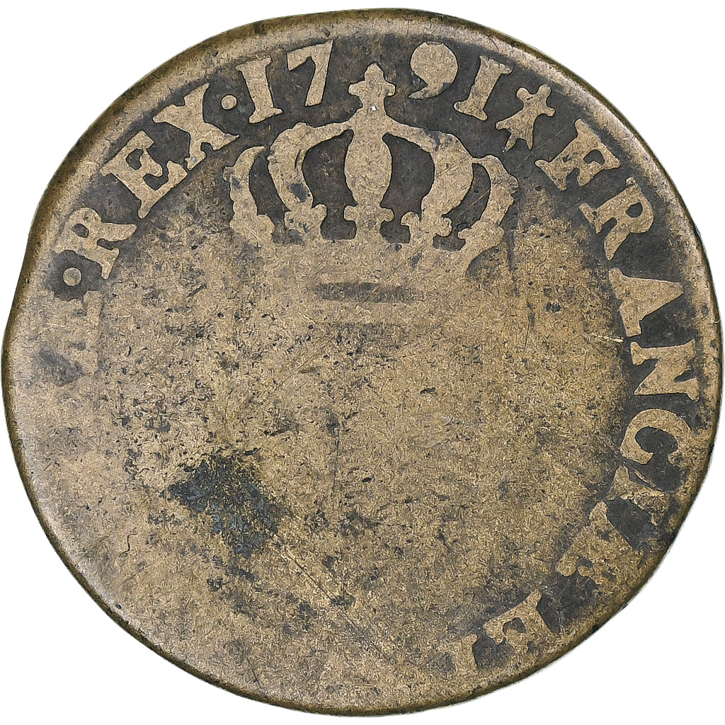 France, Louis XVI, Sol, 1791, Metz, 2nd semestre, Copper, F(12-15), Gadoury:350