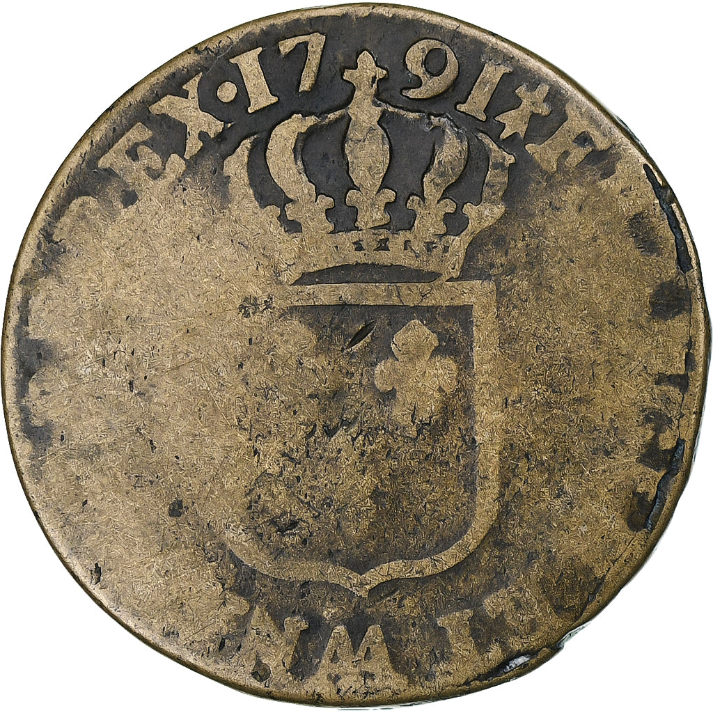France, Louis XVI, Sol, 1791, Metz, 2nd semestre, Copper, F(12-15), Gadoury:350