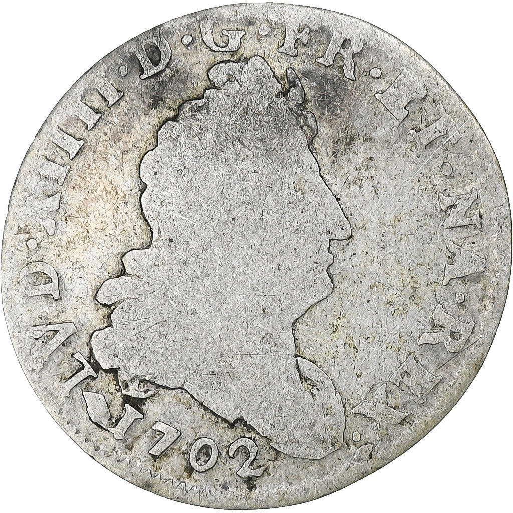 França, Louis XIV, 5 Sols aux insignes, 1702, Strasbourg, Prata, F(12-15)