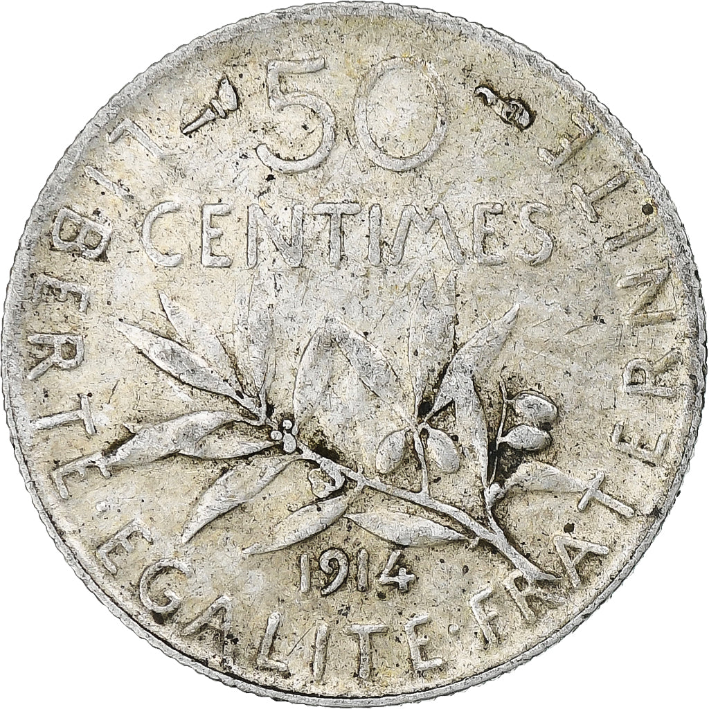 Francia, 50 Centimes, Semeuse, 1914, Paris, Plata, MBC, Gadoury:420, KM:854