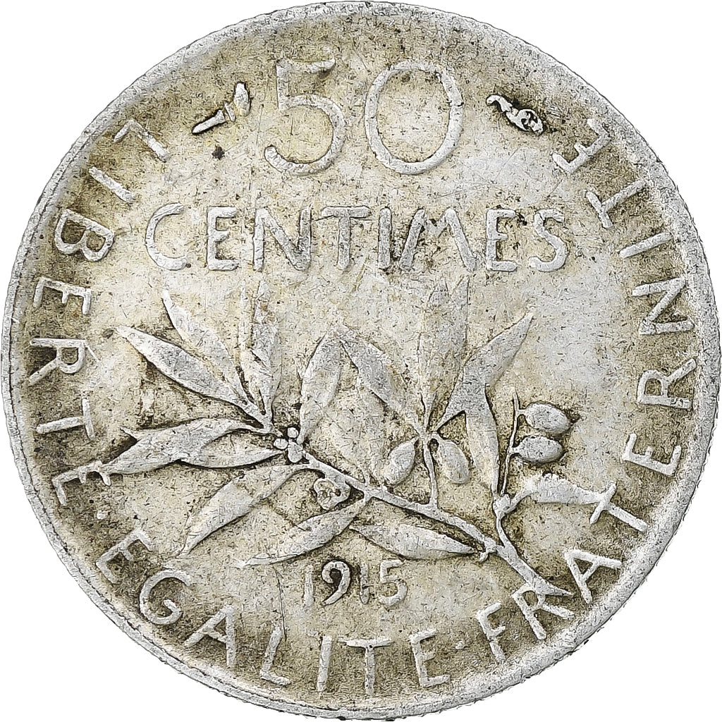 Francia, 50 Centimes, Semeuse, 1915, Paris, Plata, MBC, Gadoury:420, KM:854