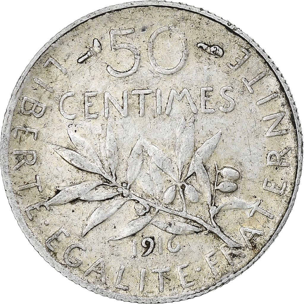 Francia, 50 Centimes, Semeuse, 1916, Paris, Plata, MBC, Gadoury:420, KM:854